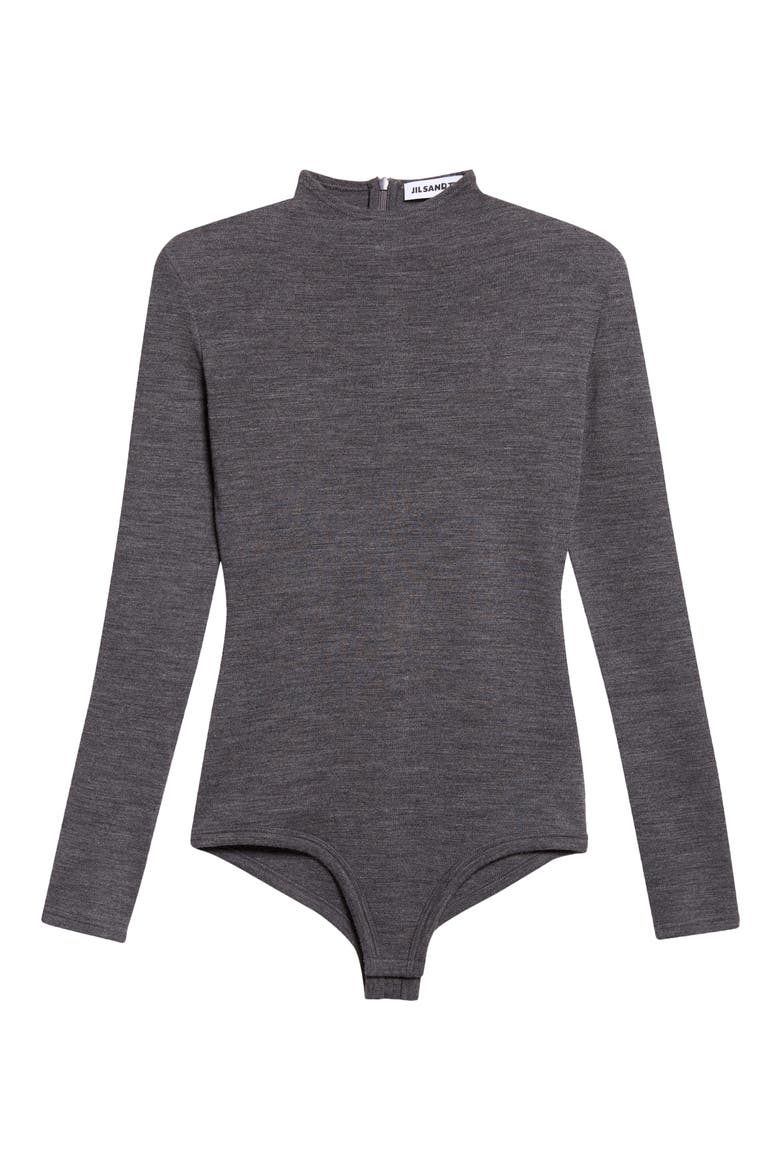 Padded Shoulder Wool Mock Neck Bodysuit, Main, color, ANTRACITE