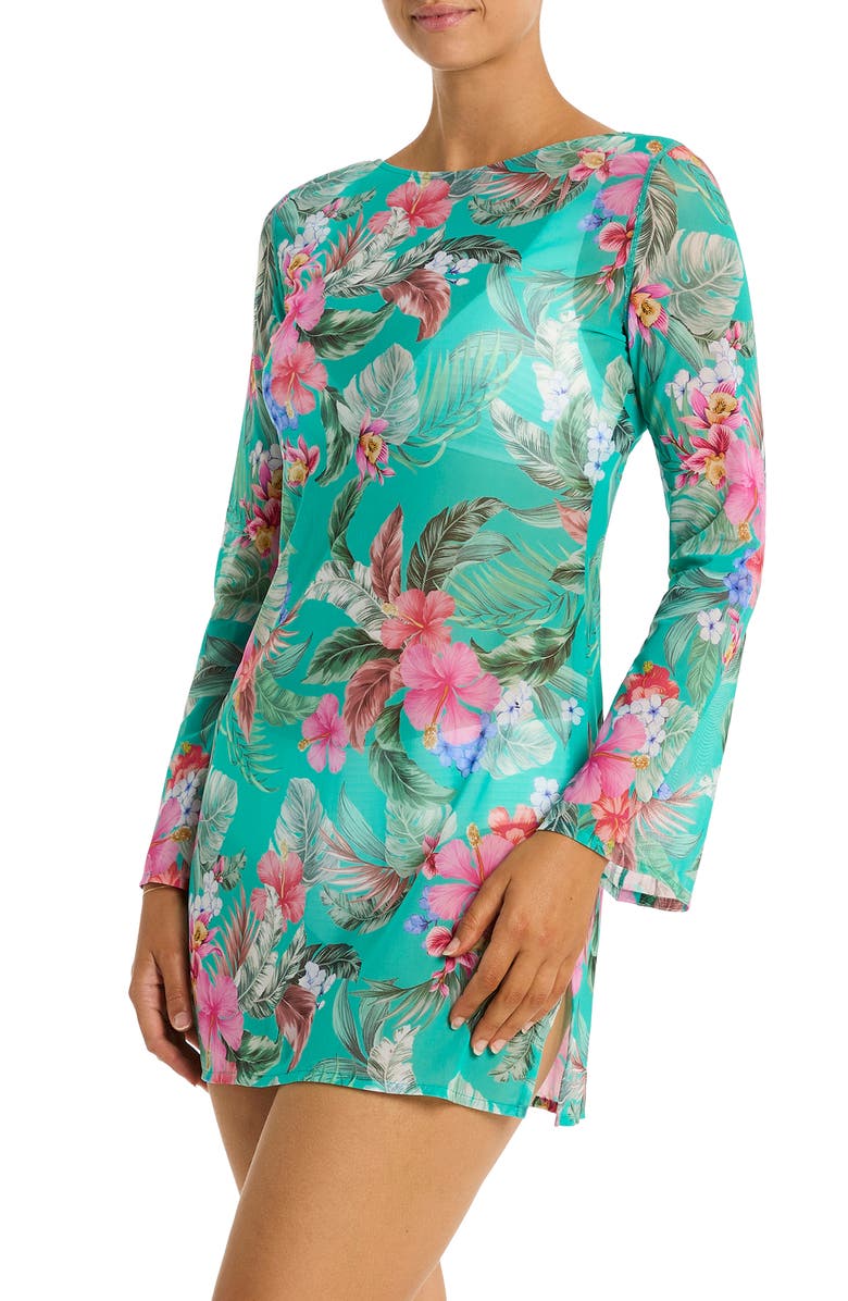 Sea Level Pacificao Floral Mesh Cover-Up Dress, Alternate, color, Evergreen