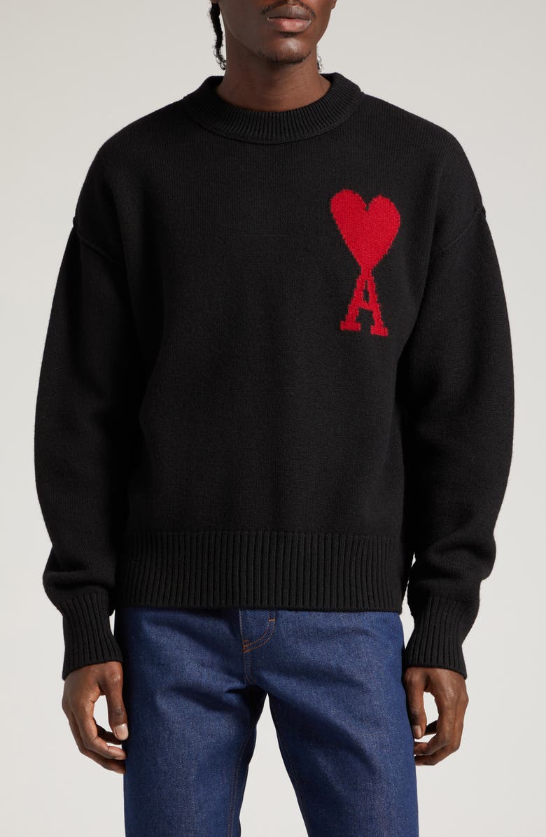 AMI PARIS Ami de Coeur Monogram Crewneck Sweater, Main, color, 009 Noir/Rouge