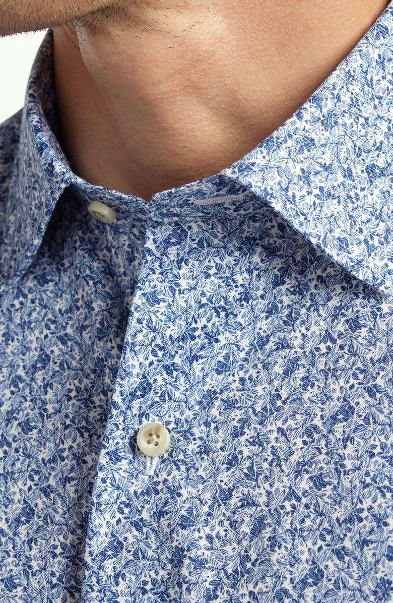 David Donahue Botanical Print Short Sleeve Cotton Button-Up Shirt, Alternate, color, Navy