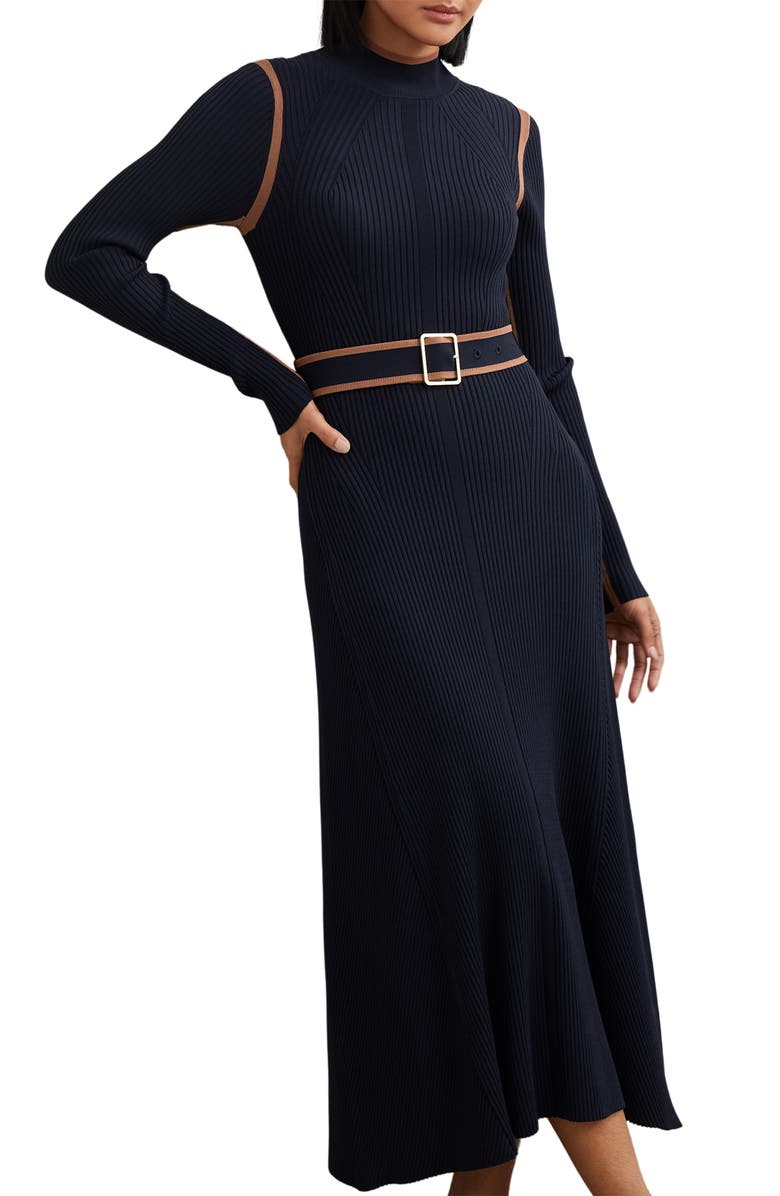 Reiss Ella Belted Long Sleeve Rib Maxi Dress, Main, color, Navy/ Camel