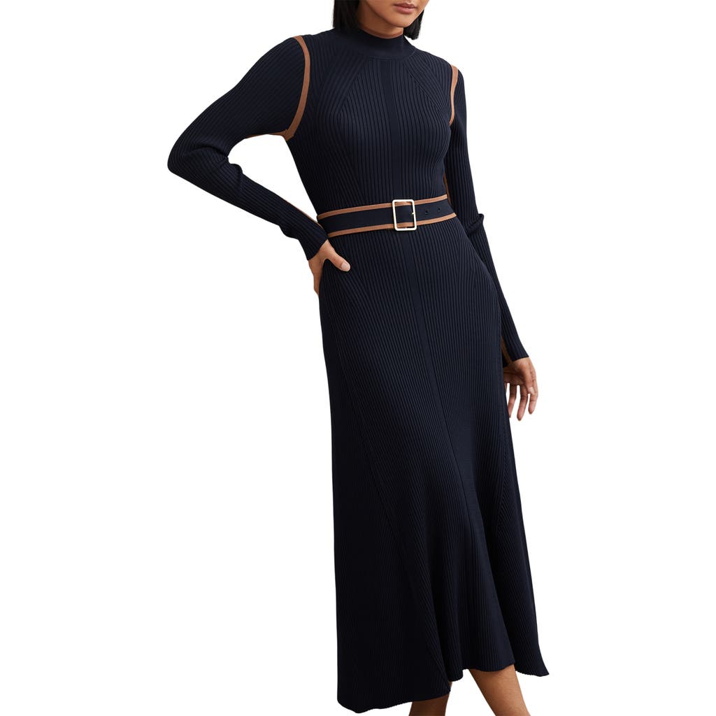 Reiss Ella Belted Long Sleeve Rib Maxi Dress In Blue