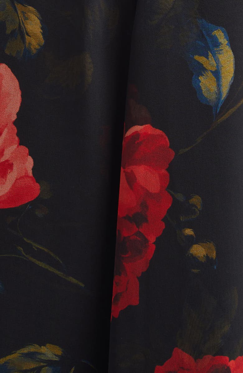 Carolina Herrera Rose Print Long Sleeve Cross Front Silk Chiffon Midi Dress, Alternate, color, Black Multi
