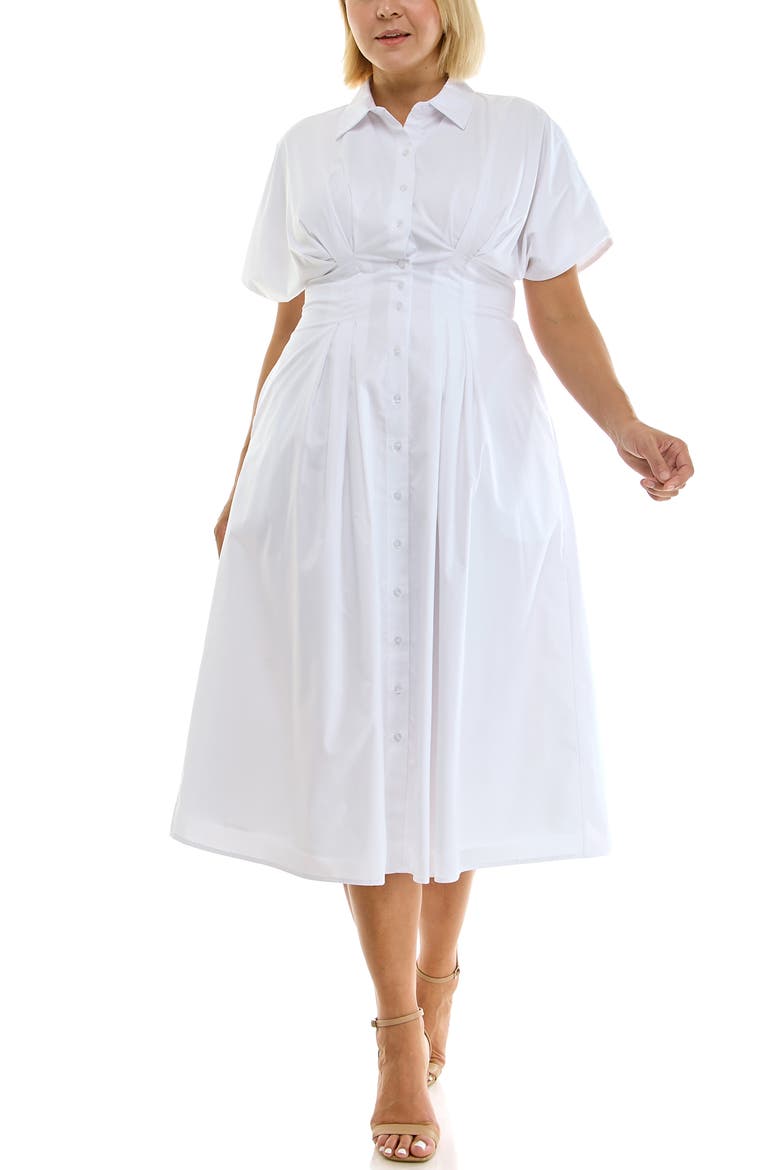 Pintuck Waist Midi Shirtdress, Alternate, color, BRILLIANT WHITE