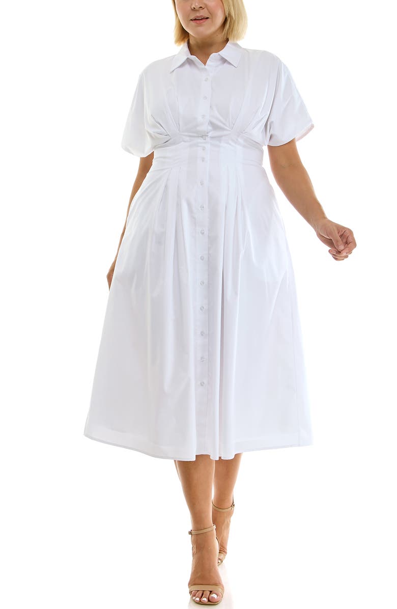 Nicole Miller Pintuck Waist Midi Shirtdress, Alternate, color, Brilliant White
