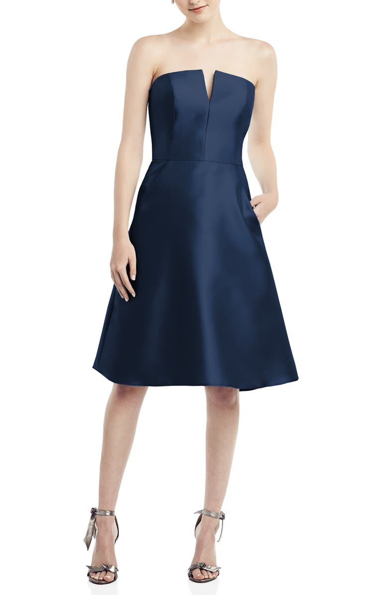 Alfred Sung Strapless Satin Twill Cocktail Dress, Main, color, 