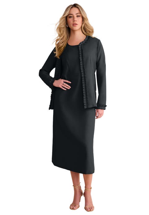 Plus Size Long Sleeve Pleated Jacket Dress Set Elegant 2 Piece Sheath Suit