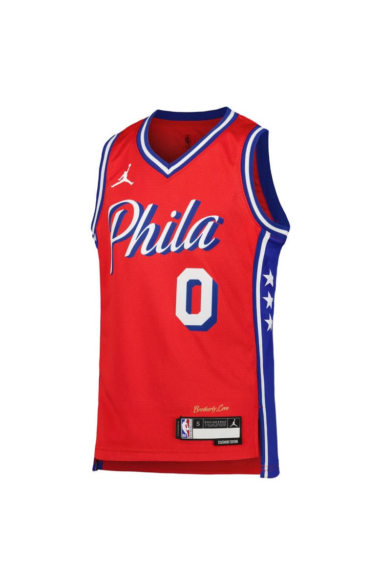 Jordan Brand Youth Jordan Brand Tyrese Maxey Red Philadelphia 76ers Swingman Jersey - Statement Edition, Alternate, color,