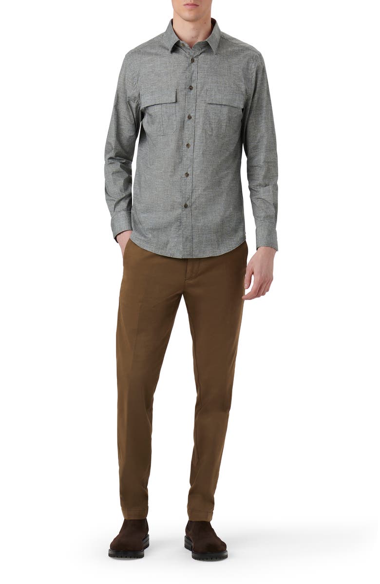 Bugatchi Jasper Shaped Fit Heather Stretch Chambray Button-Up Shirt, Alternate, color, Khaki