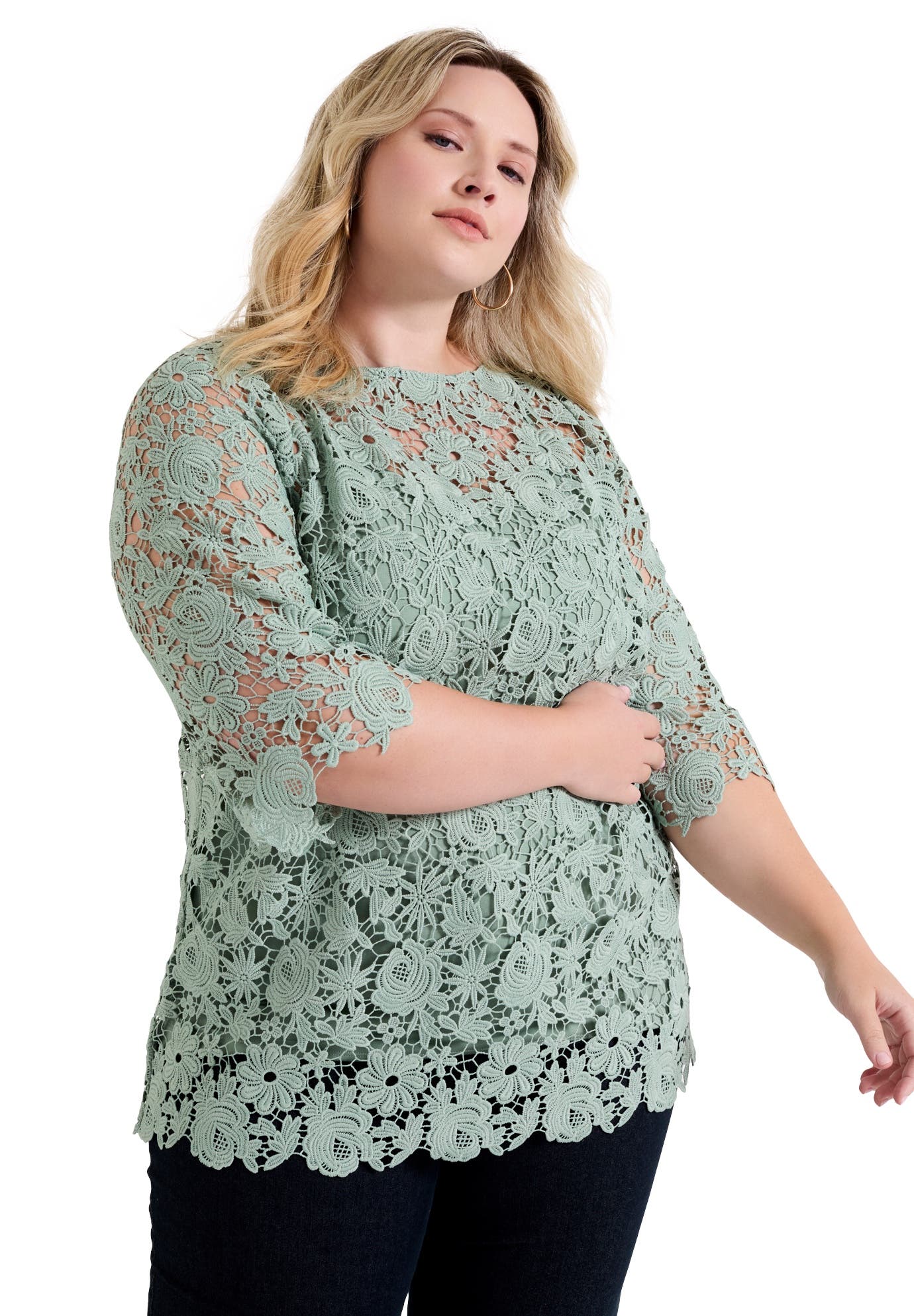 June + Vie Allover Lace Top in Light Jade 