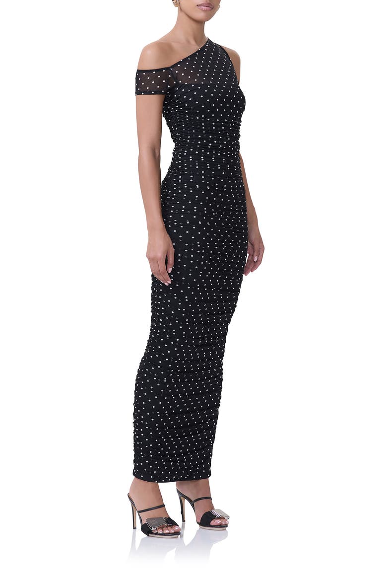 Biona One-Shoulder Ruched Mesh Maxi Dress, Alternate, color, NOIR DOT