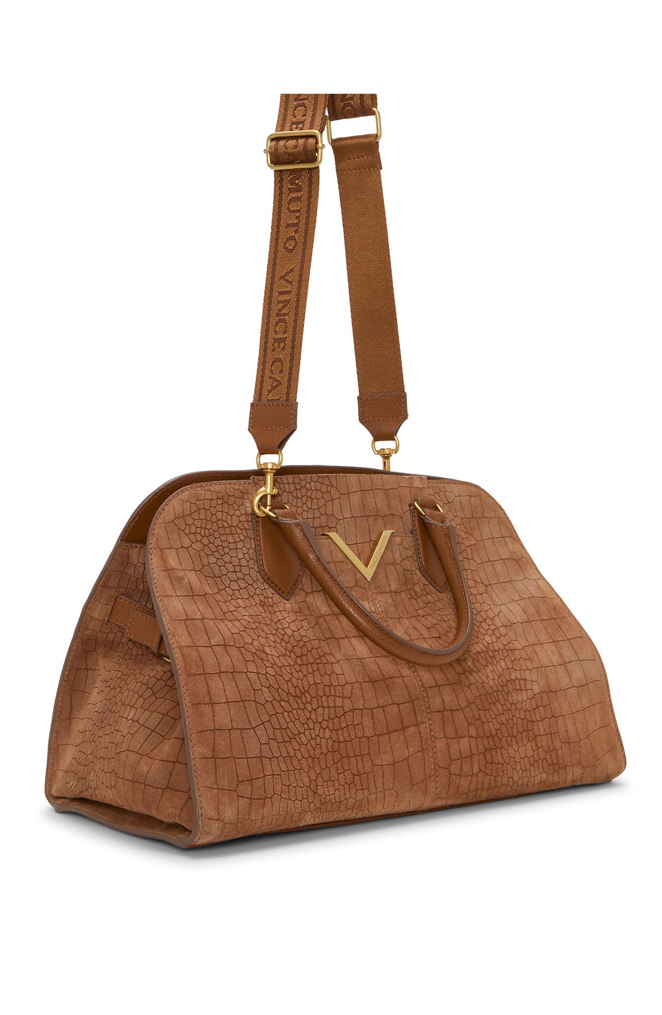 Tasha Croc Embossed Leather Satchel, Alternate, color, BROWN