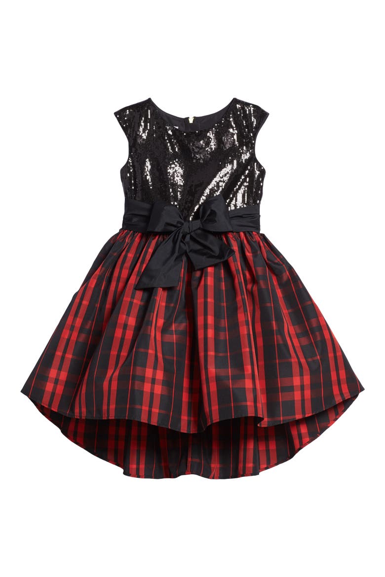 Sequin & Plaid Taffeta Dress, Main, color, BLACK
