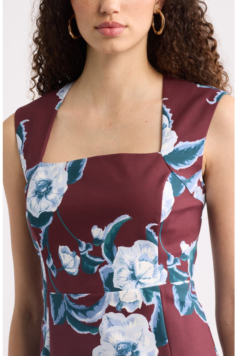 Square Neck Midi Dress, Alternate, color, BURGUNDY- BLUE BLAIRE FLORAL