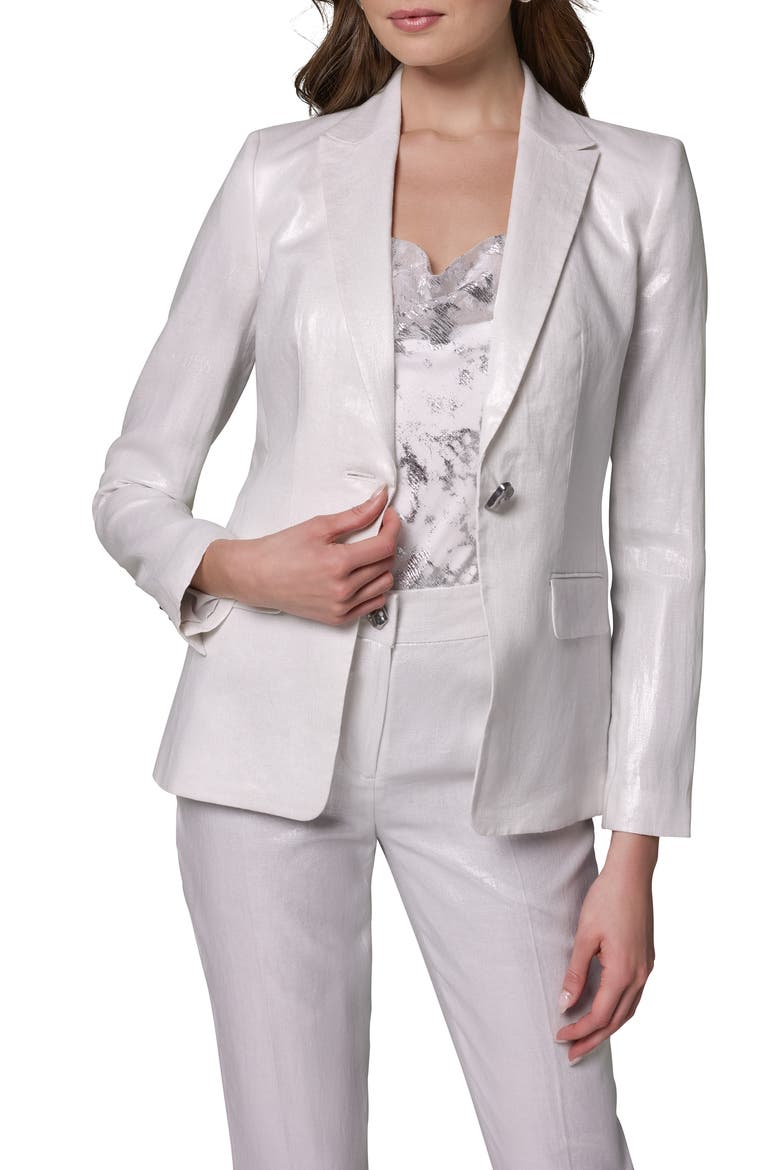 One-Button Linen Blazer, Alternate, color, CREAM/ SILVER