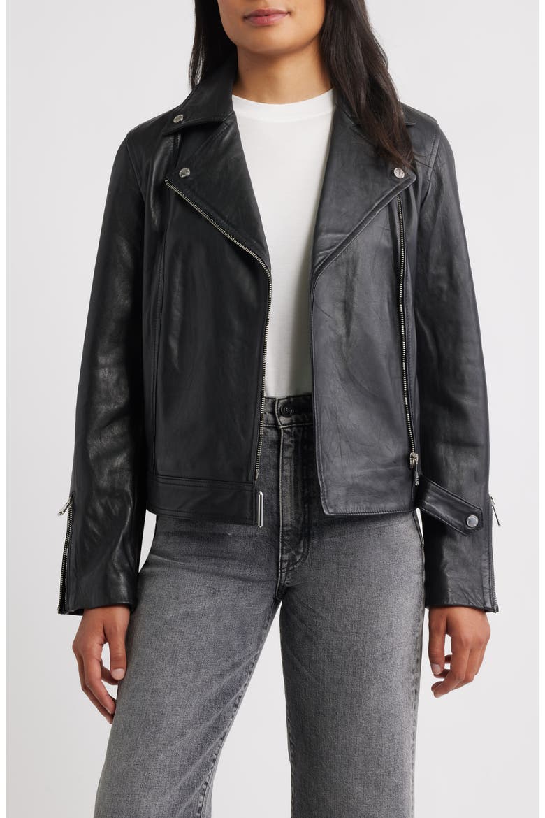 Leather Moto Jacket, Alternate, color, BLACK