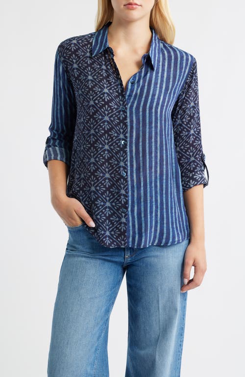 Apny Abstract Print Roll Tab Sleeve Chiffon Button-up Shirt In Blue