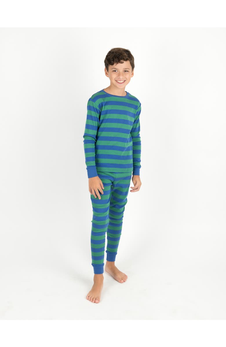 Leveret Two-Piece Printed Cotton Pajamas, Stripes, Animals & Characters, Alternate, color, Striped Blue & Green