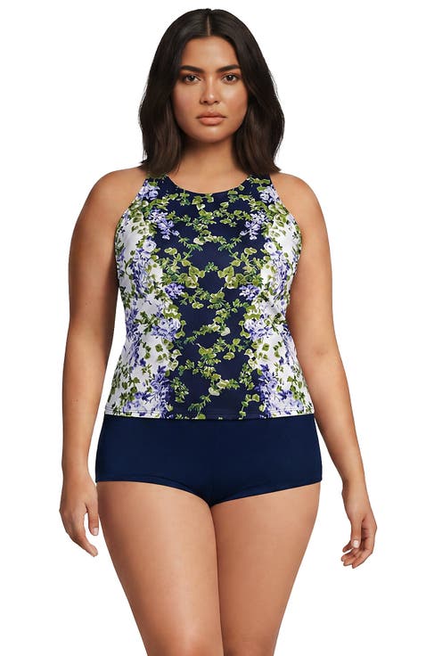 Plus Size Tugless High Neck Strappy Back Tankini Top