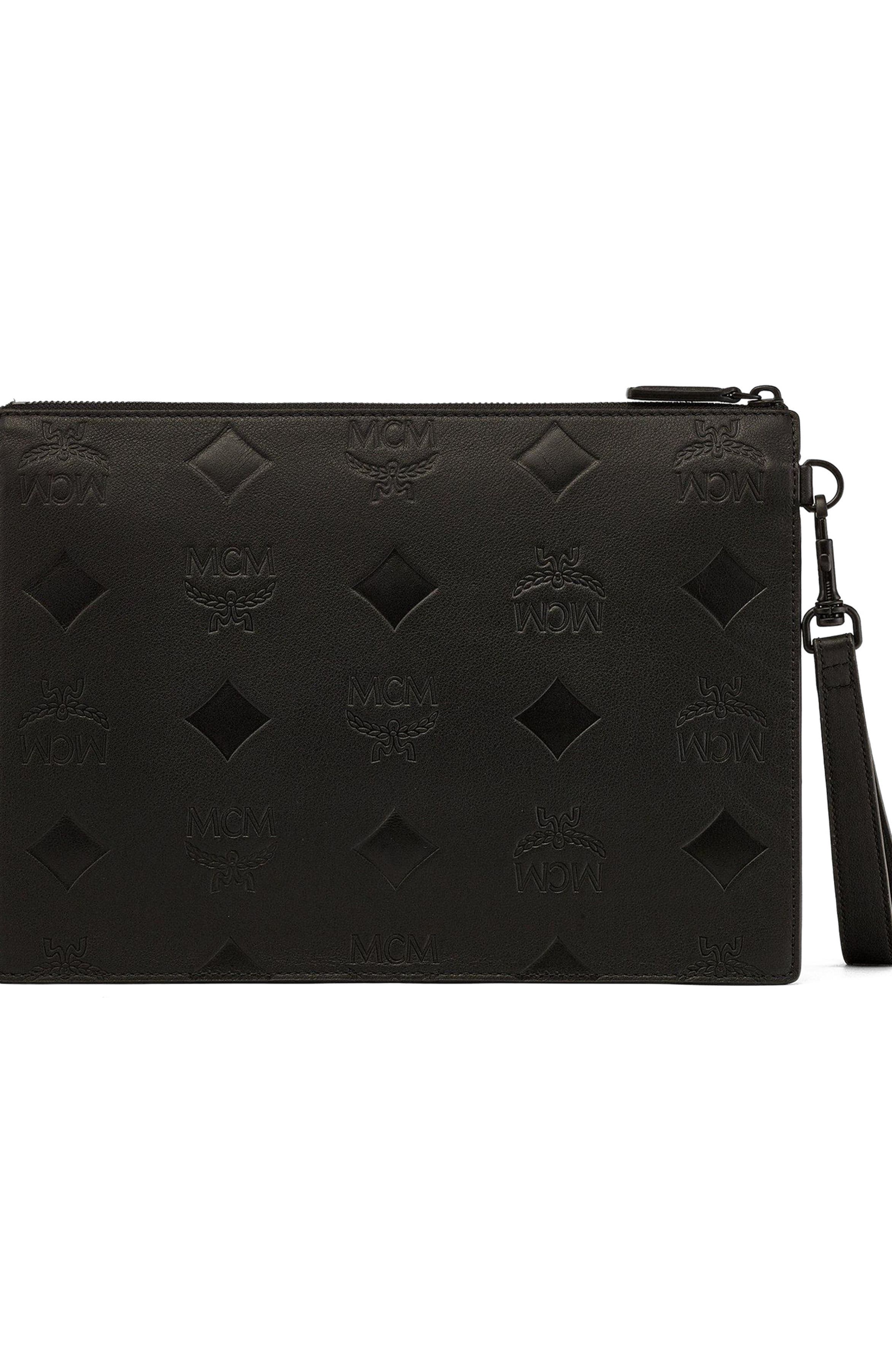 MCM Aren Wristlet Pouch in Maxi Monogram Leather, Alternate, color, Black