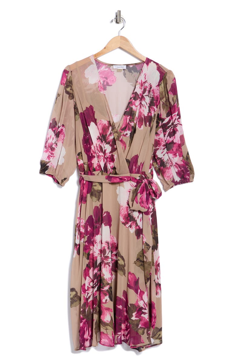 Calvin Klein Floral Chiffon Faux Wrap Dress, Alternate, color, Oyster Multi