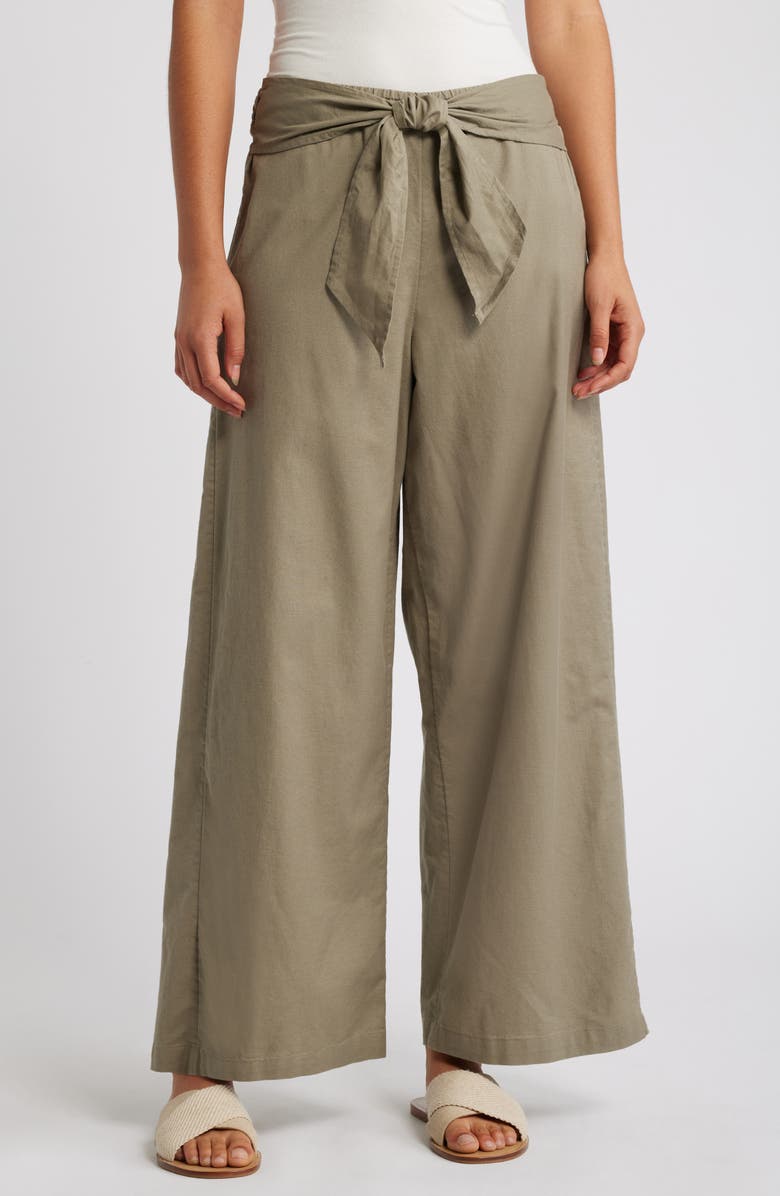 beachlunchlounge Florencia Tie Waist Wide Leg Cotton & Linen Pants, Main, color, Laurel Lagoon