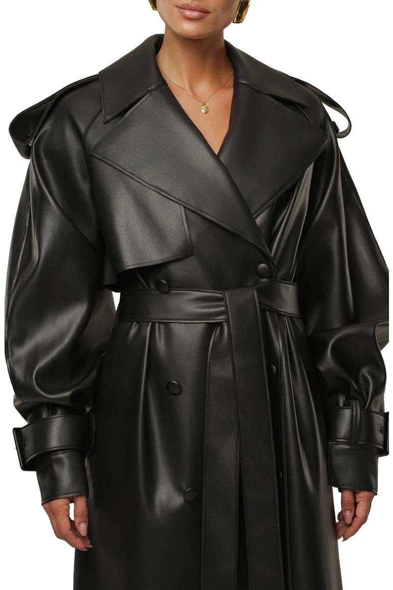 Icon Double Breasted Faux Leather Trench Coat, Alternate, color, BLACK