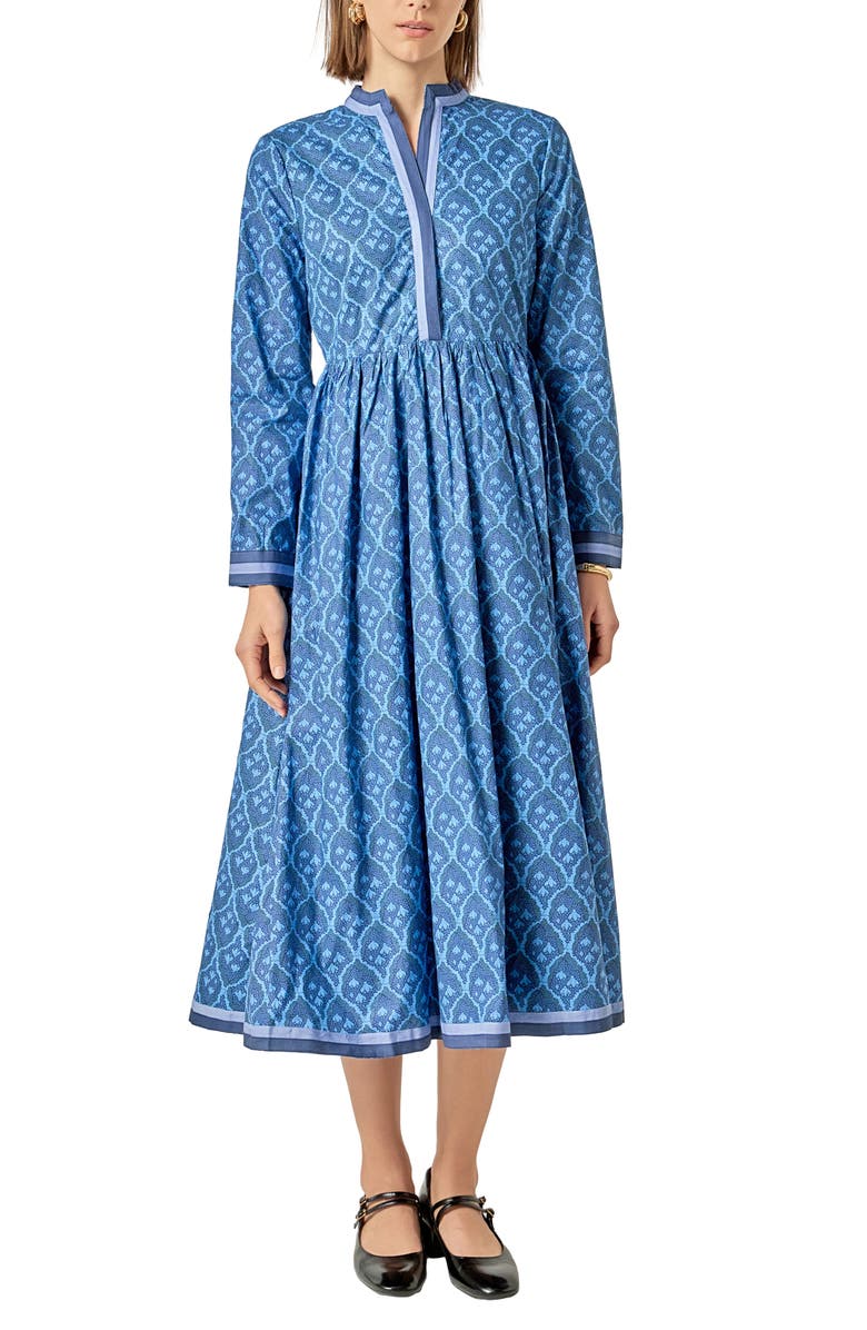 English Factory Stripe Trim Long Sleeve Midi Dress, Main, color, Navy