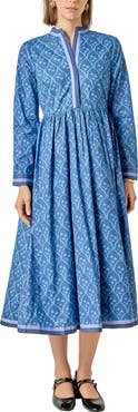 English Factory Stripe Trim Long Sleeve Midi Dress