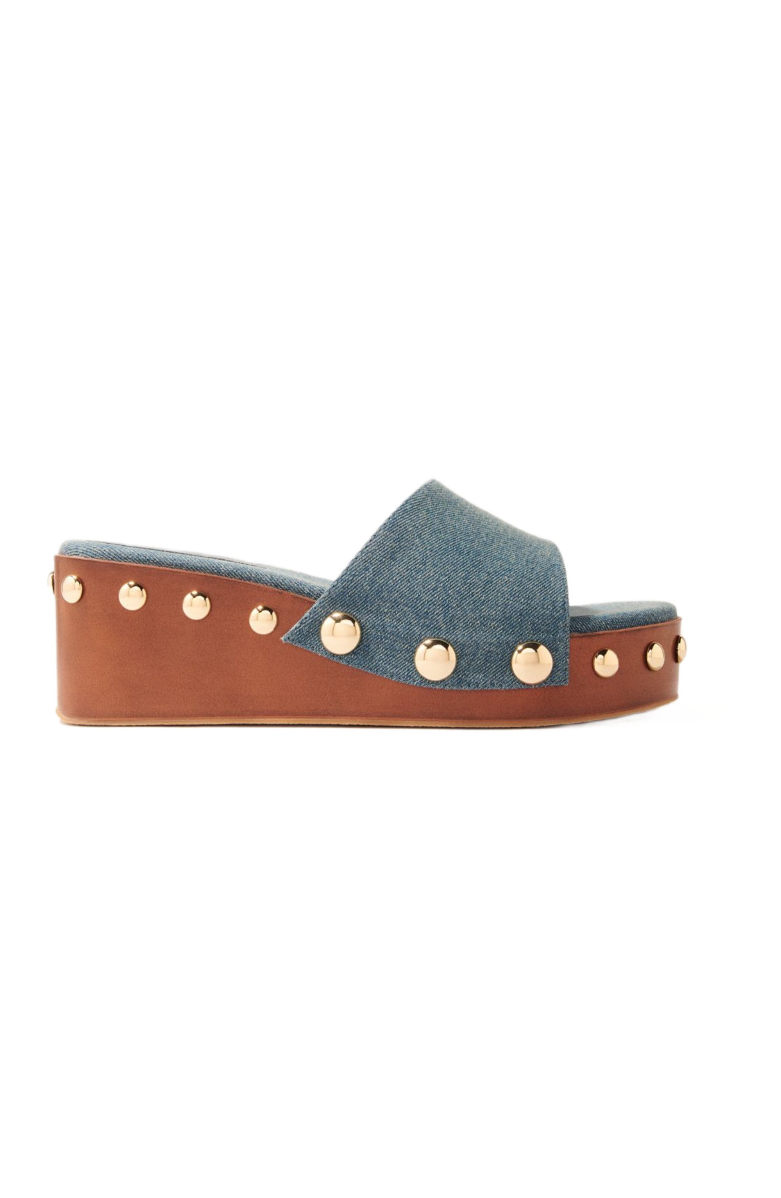 Denim studded wedge mules, Main, color, Blue jean