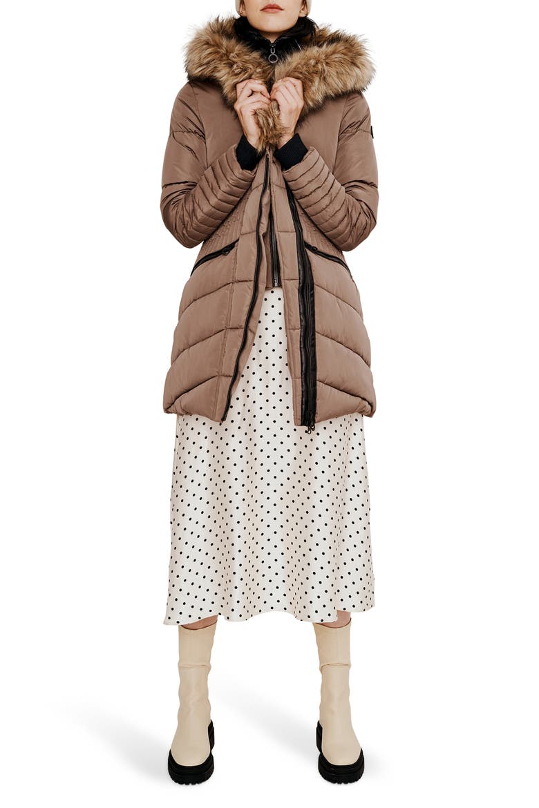 Gigi Vegan Faux Fur Trim Quilted Parka, Main, color, TAUPE