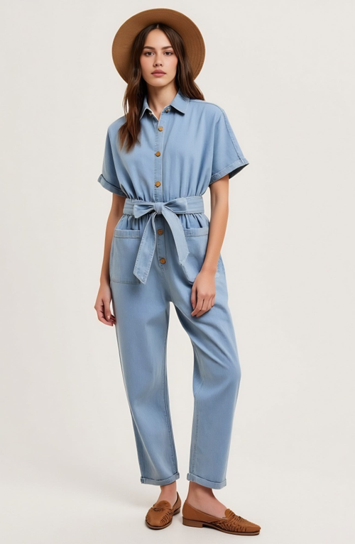 Modenaire Denim Jumpsuit With Tie Waist Rolled Cuffs And Button Front In Blue