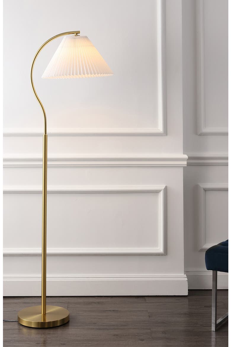 Devon Modern Glam Metal Arc LED Floor Lamp with Pleated Shade, Alternate, color, Brass Gold