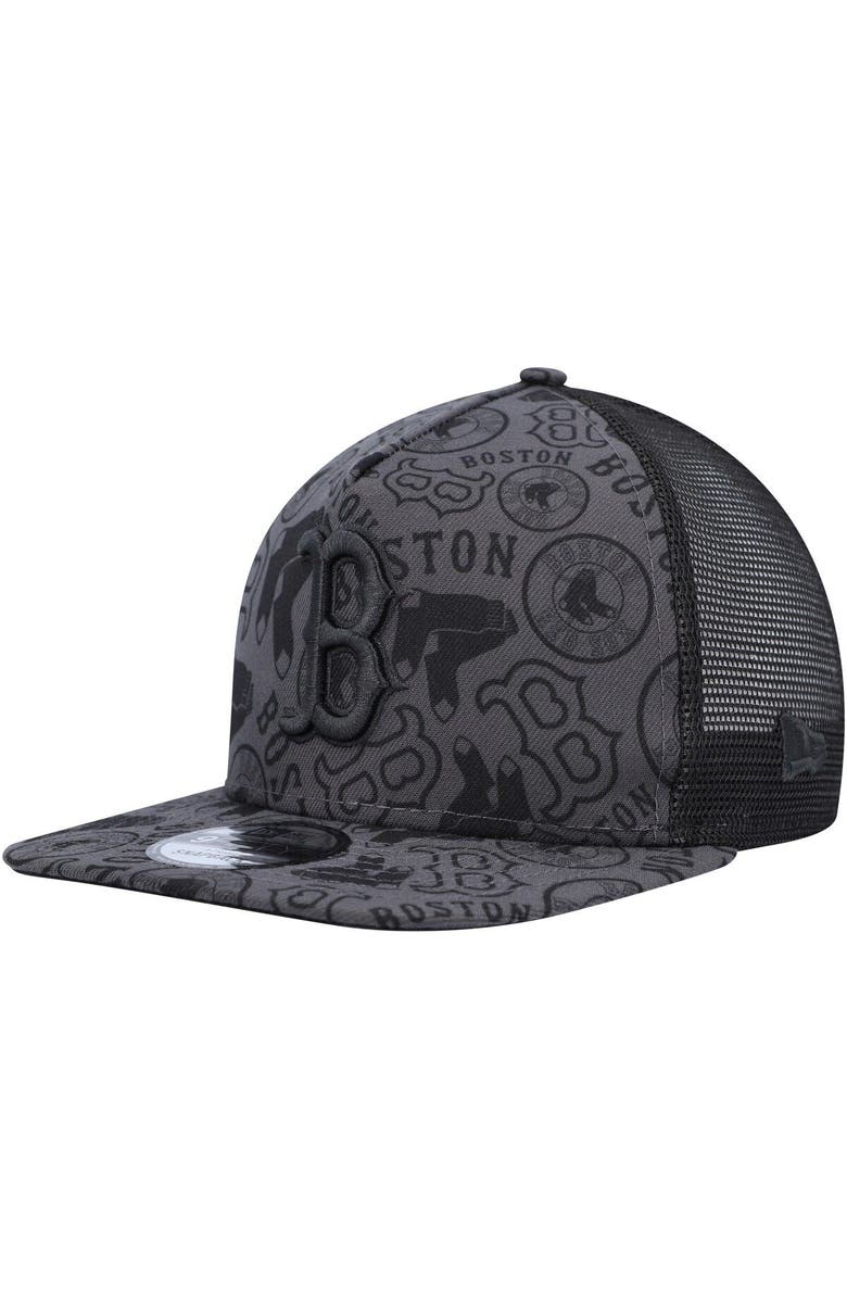 New Era Men's New Era Black Boston Red Sox Repeat A-Frame 9FIFTY Trucker Snapback Hat, Main, color,