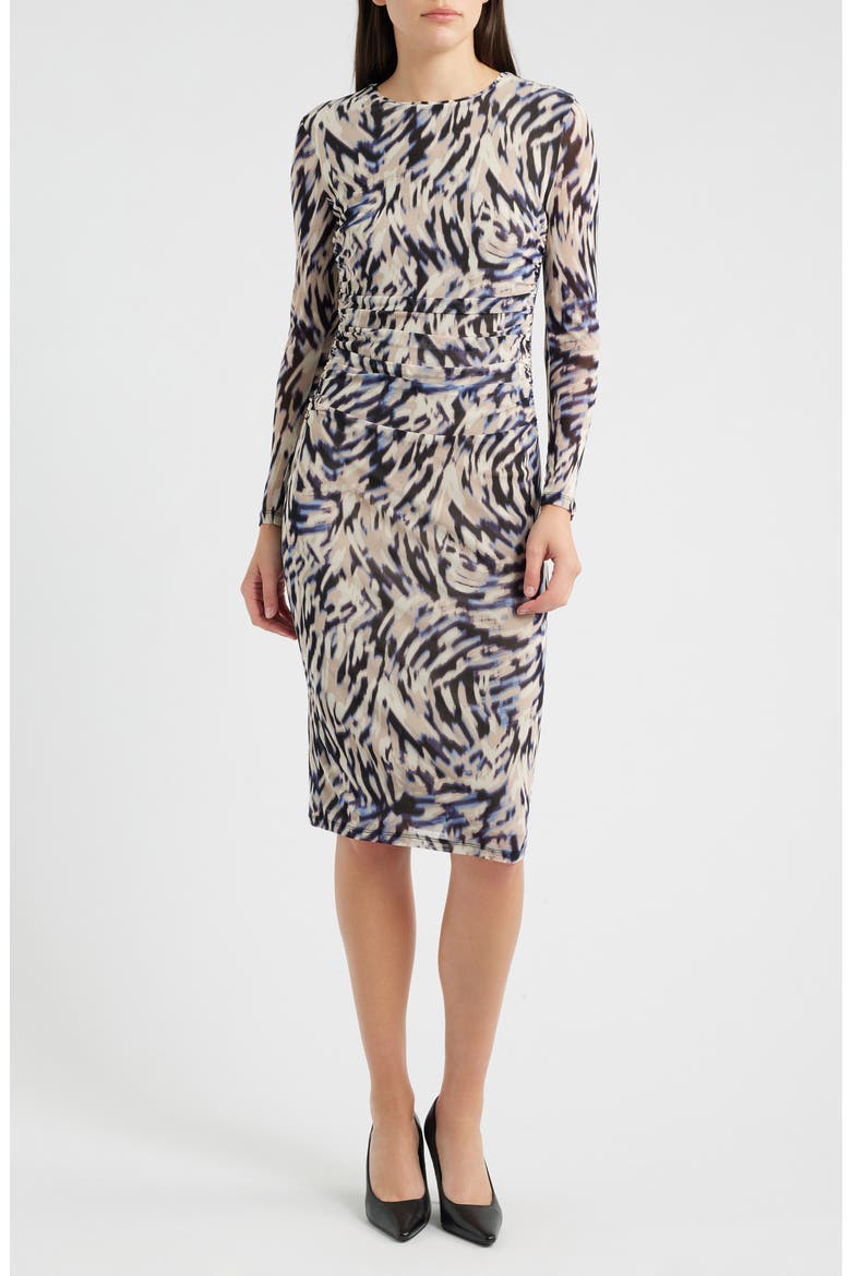 Ruched Mesh Midi Dress, Main, color, DUTCH BLUE MULTI