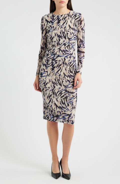 Ruched Mesh Midi Dress