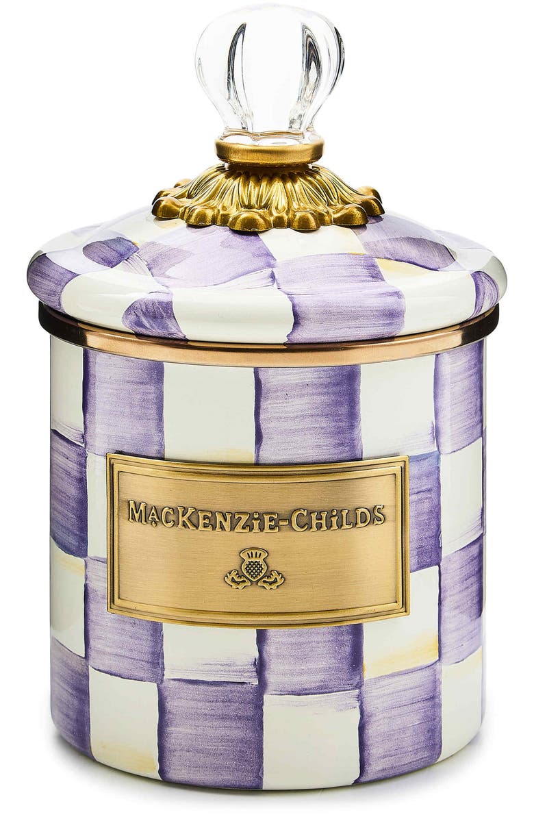 MACKENZIE CHILDS Violet Check Demi Enameled Steel Canister, Main, color, Violet