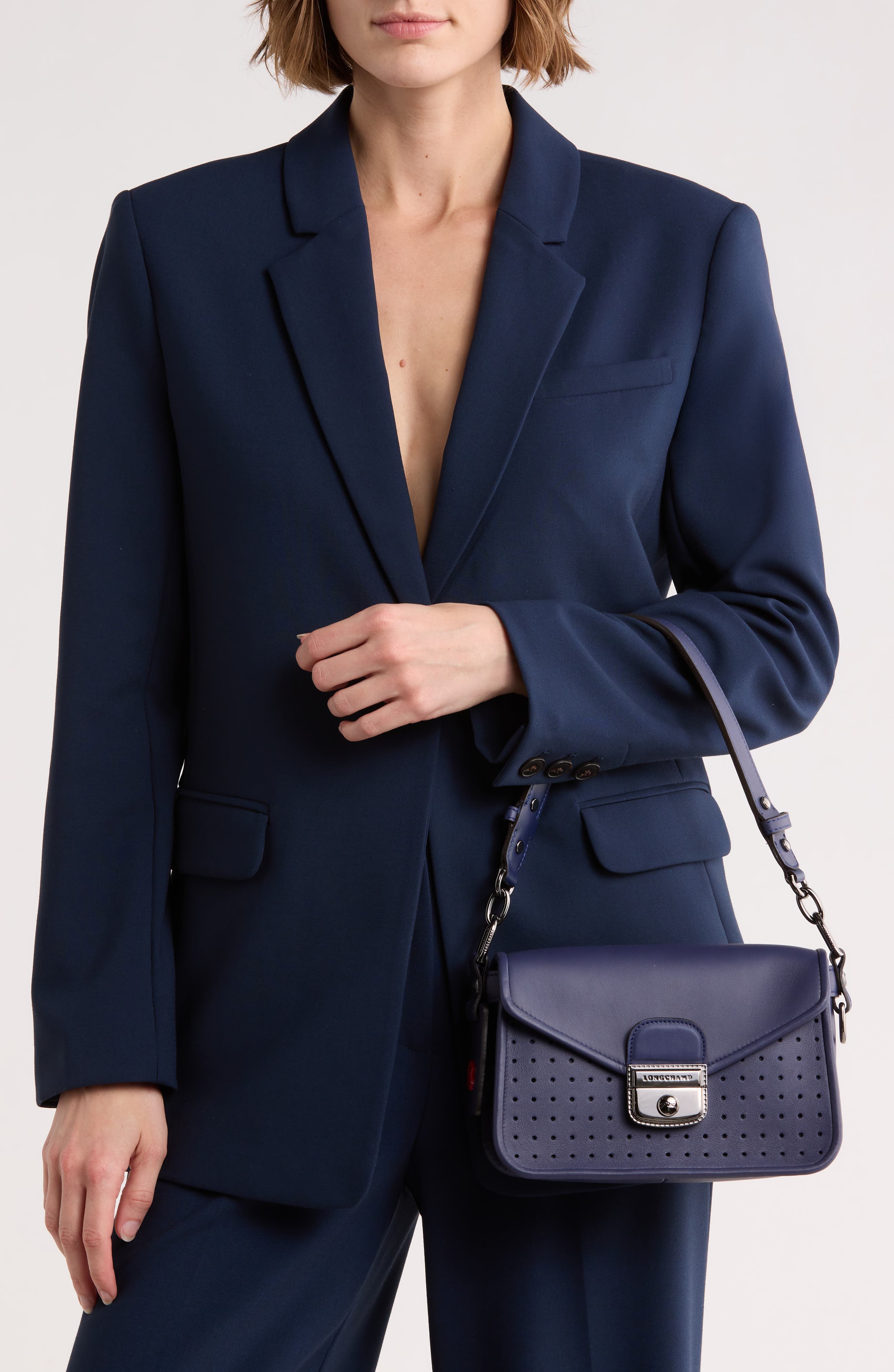 Longchamp Mademoiselle Small Perforated Shoulder Bag, Alternate, color, Navy