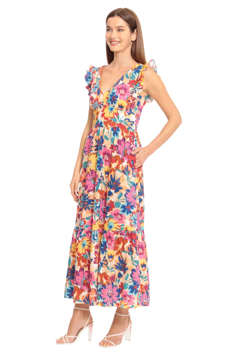 V-Neck Ruffle Sleeve Floral Print Stretch Cotton Maxi Dress, Alternate, color, SOFT WHITE/ HOT PINK