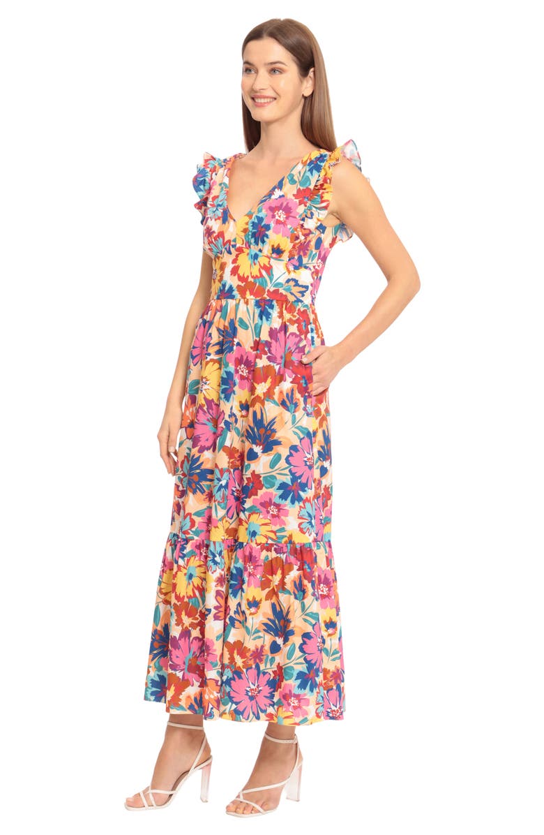 Maggy London V-Neck Ruffle Sleeve Floral Print Stretch Cotton Maxi Dress, Alternate, color,