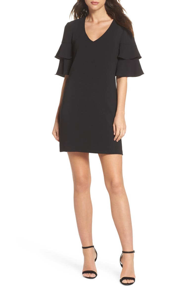 Ruffle Sleeve Shift Dress, Main, color, BLACK