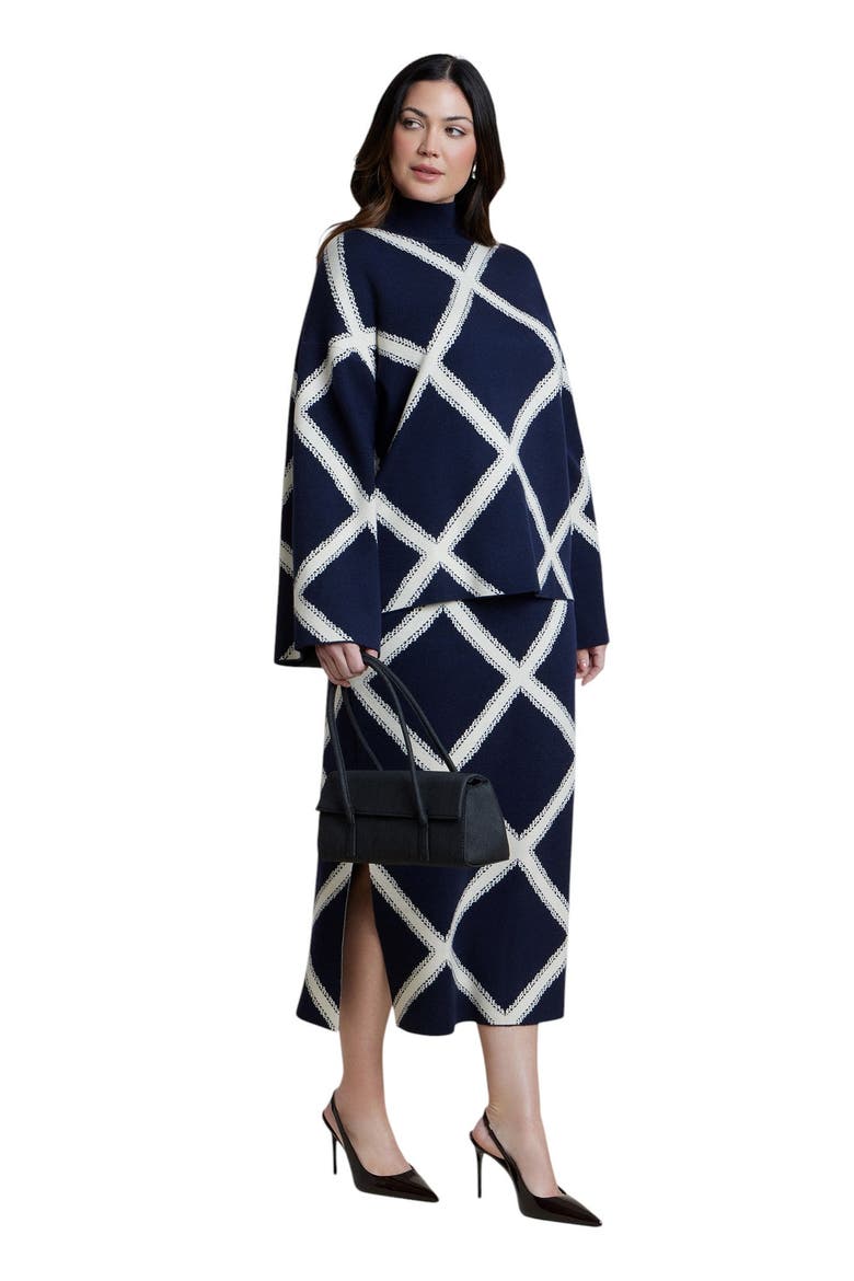 Mock Neck Intarsia Sweater, Alternate, color, NAVY/WHITE GRID