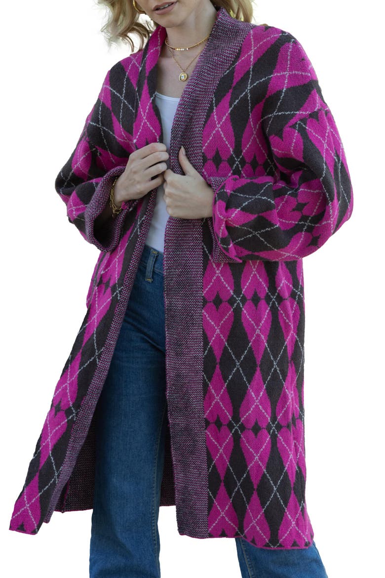 Argyle Heart Print Cardigan, Main, color, PINK
