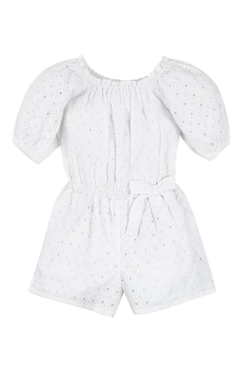 Hope & Henry Girls' Puff Sleeve Eyelet Romper, Kids, Alternate, color,