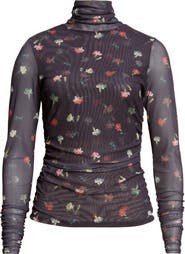 Cinq à Sept Floral Print Mesh Mock Neck Shirt