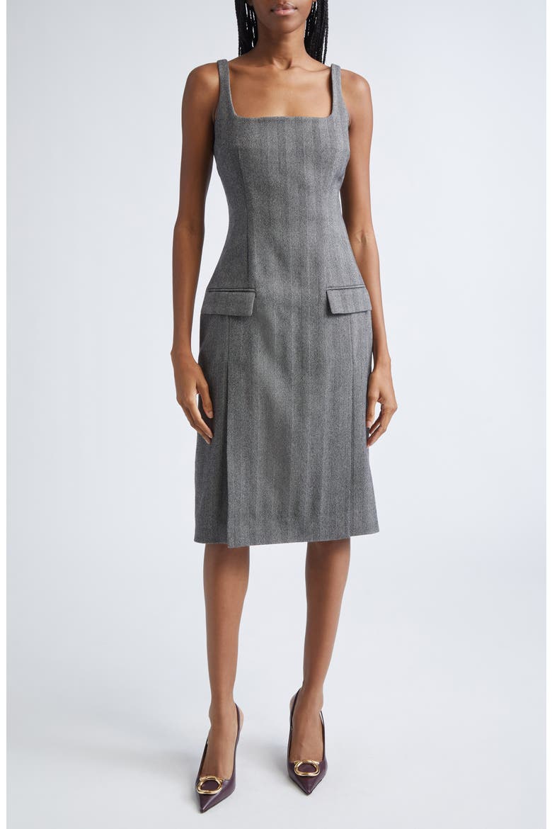 Sleeveless Herringbone Virgin Wool Blend Dress, Main, color, NERO/ WHITE SAND