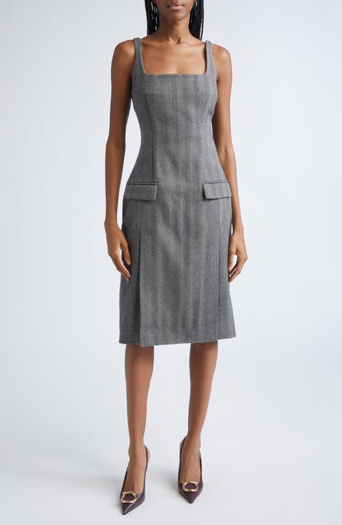 Sleeveless Herringbone Virgin Wool Blend Dress