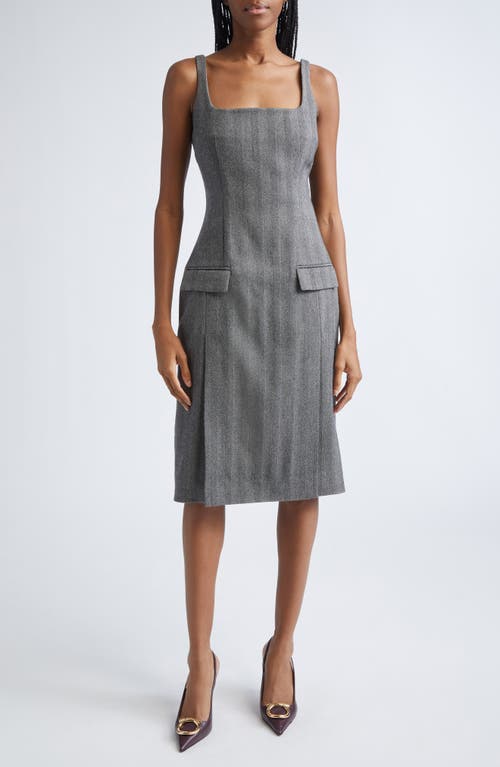 Ferragamo Sleeveless Herringbone Virgin Wool Blend Dress In Gray