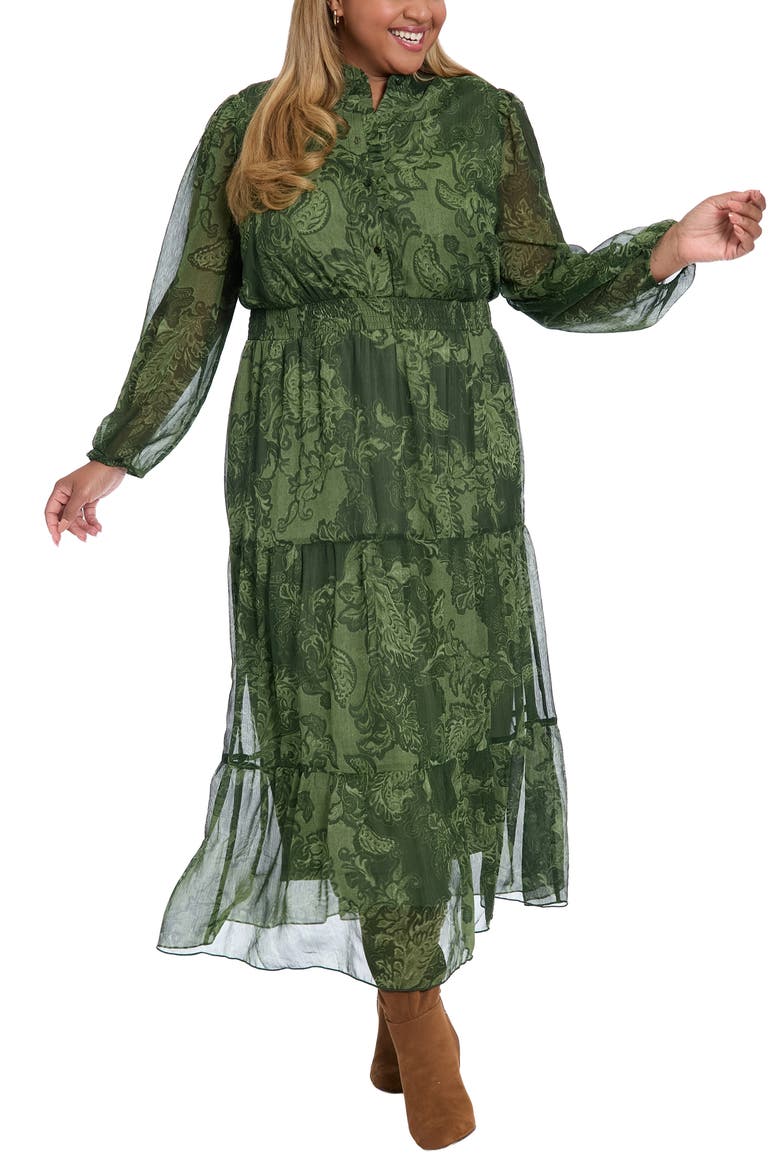 Paisley Long Sleeve Tiered Chiffon Maxi Dress, Main, color, PINE