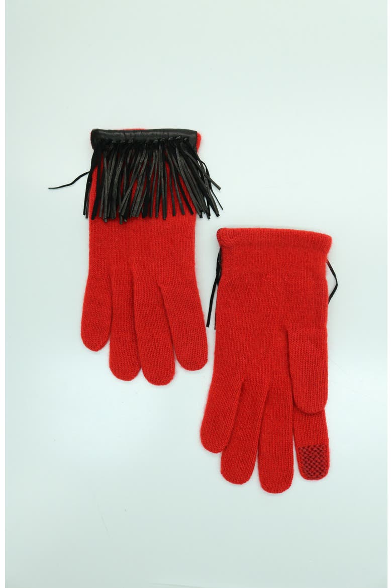 Cashmere tech gloves with leather fringes, Main, color, FIRE RED